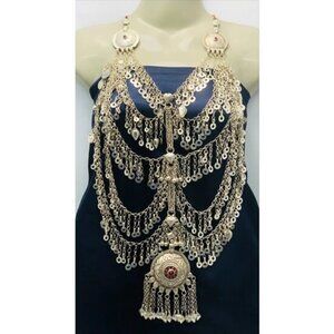 Tribal Bib Necklace With Dangling Tassels and Big Pendant